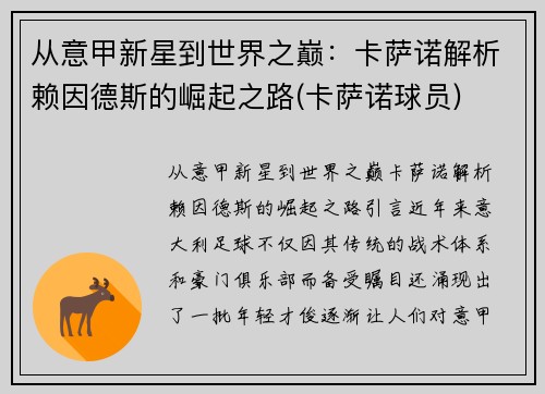 从意甲新星到世界之巅：卡萨诺解析赖因德斯的崛起之路(卡萨诺球员)